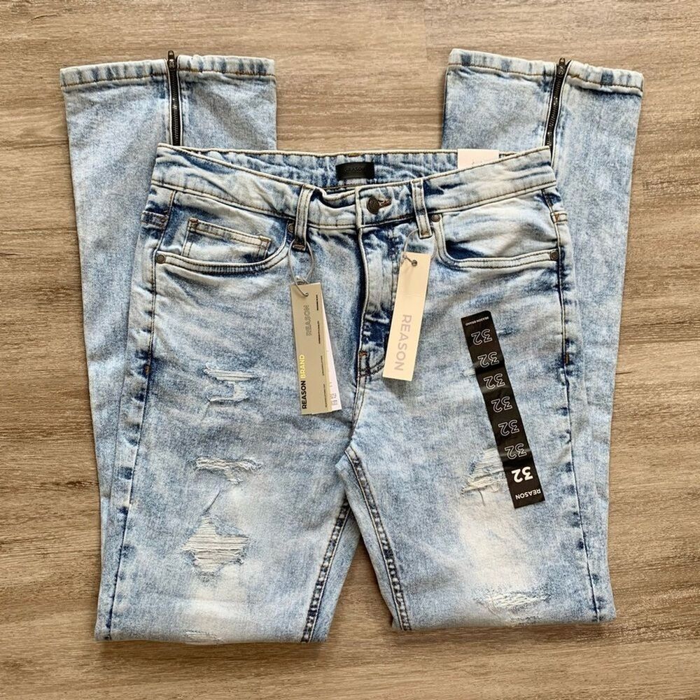Reason NWT Distressed Skinny Flare Jeans Size 32 Blue Denim